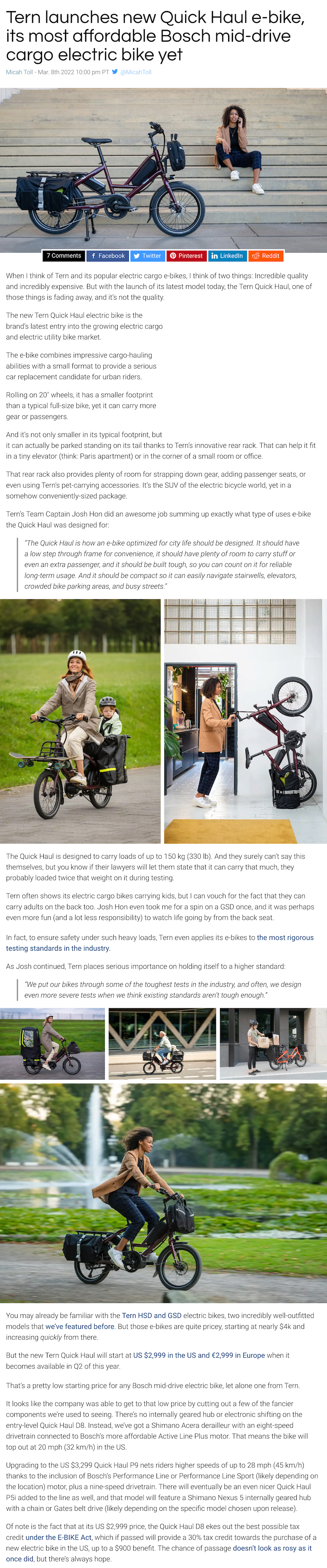 2022.03.08 - Tern launches new Quick Haul e-bike, its most affordable Bosch mid-drive cargo electric bike yet - Electrek