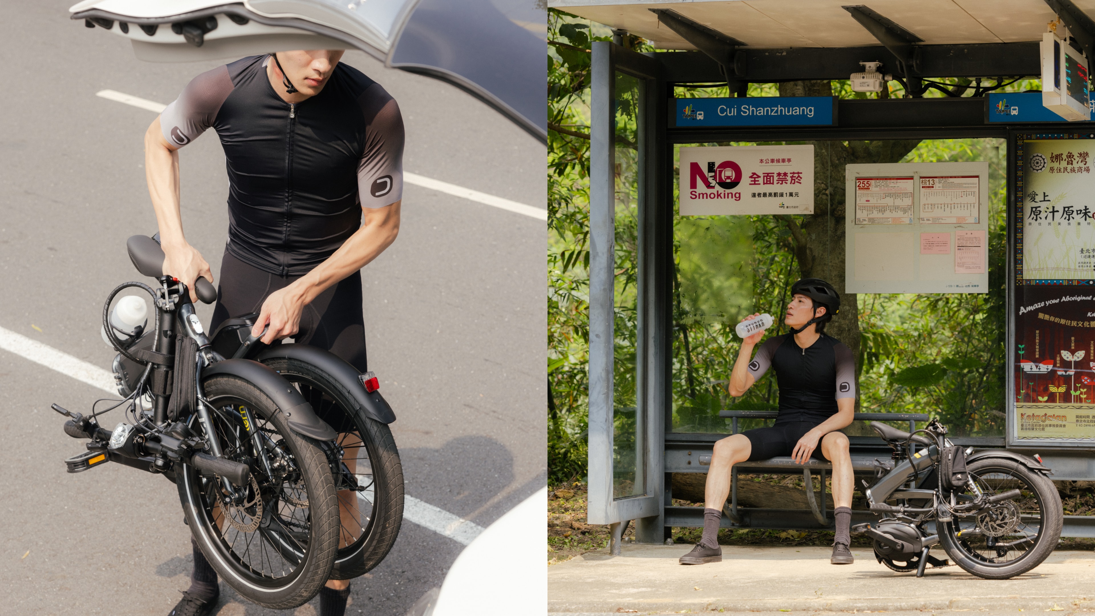 On the left, a man is storing the folded Vektron in the trunk; On the right, the man is waiting for a bus with a folded Vektron.
