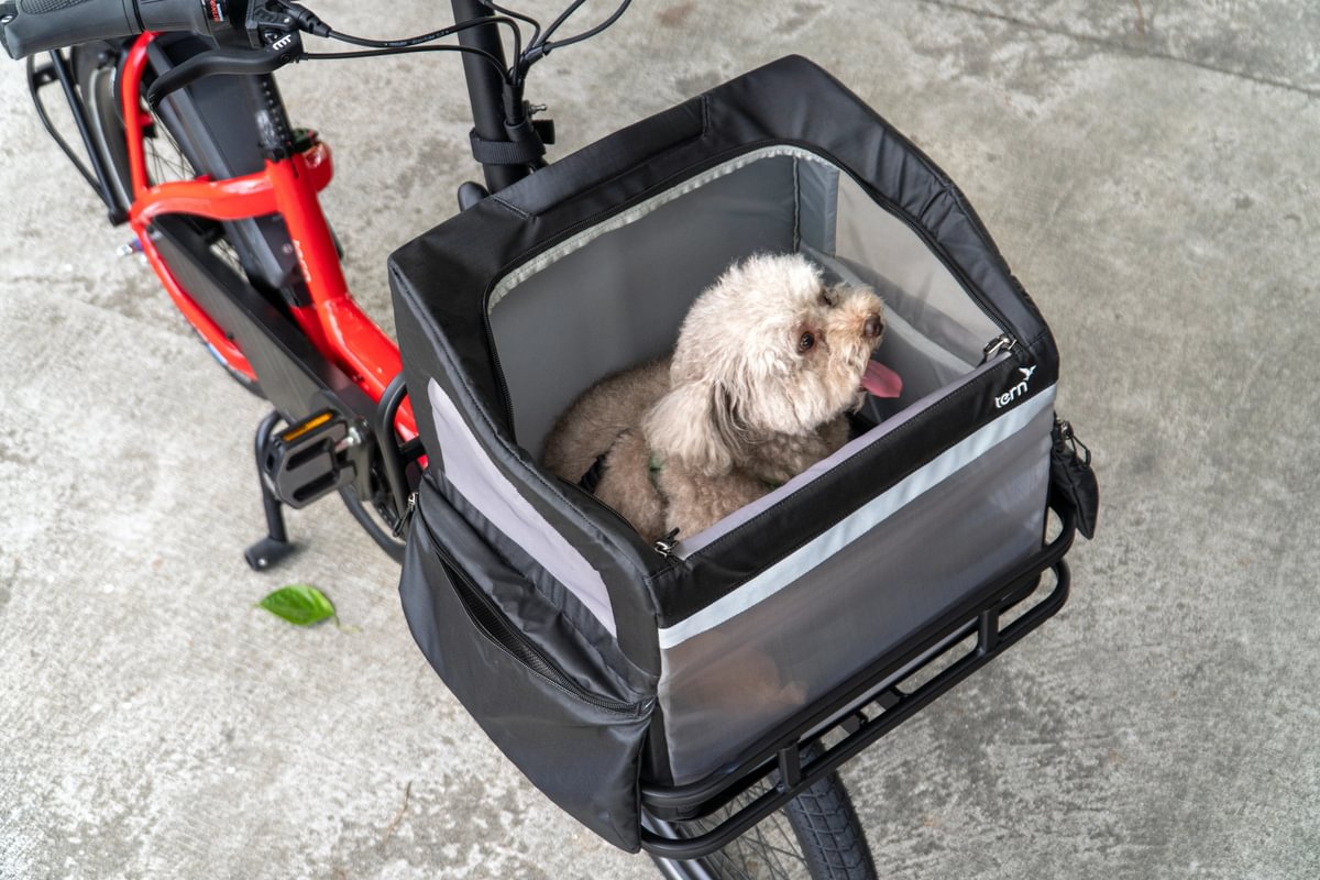 RuffHouse pet carrier containing small dog mounted on NBD eBike
