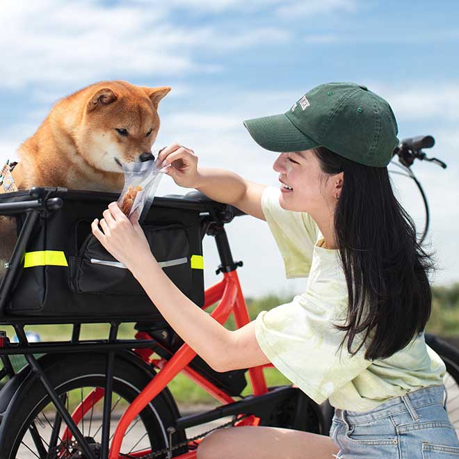 A woman feeding her dog sitting in the Doghouse Mini dog carrier installed on the rear rack of the bike.