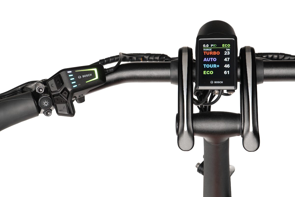 The Bosch Smart System's LED Remote and Kiox 300 display installed on the HSD Gen 2 handlebar.