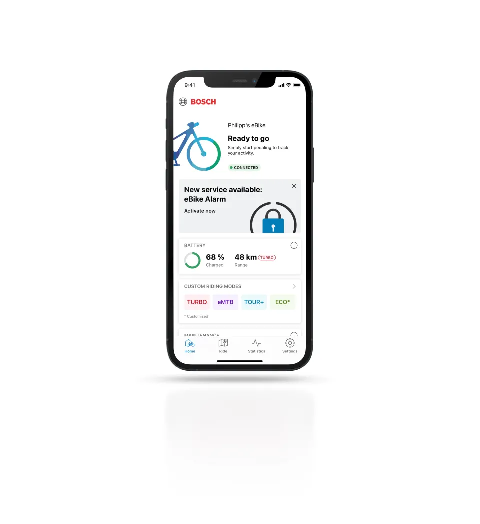 The Bosch Smart System's eBike Flow App main page showing basic data of your Tern e cargo bike.