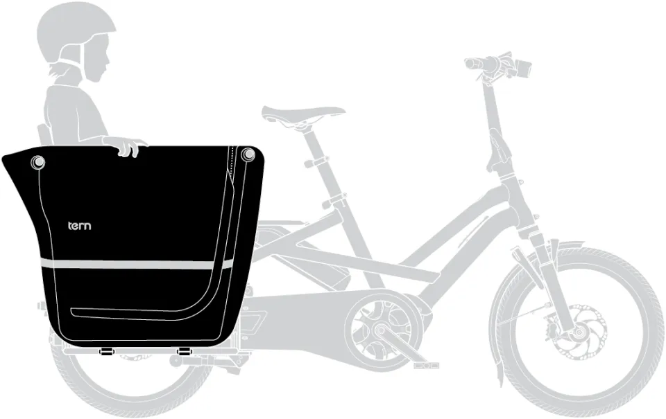 storm box gen 2 cargo carrier for tern bikes with one kid passenger