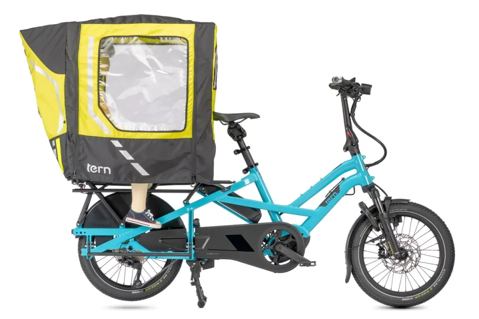Rain Shield waterproof cover used over the Sun Shield on Tern GSD cargo bike 